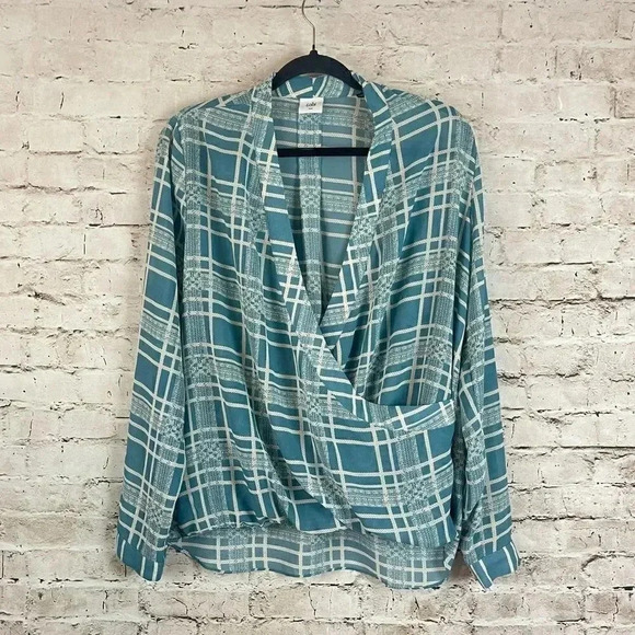 CAbi Women's Medium Windowpane Faux Wrap Long Sleeve Blouse Teal Blue Cream 3068 - Picture 2 of 9
